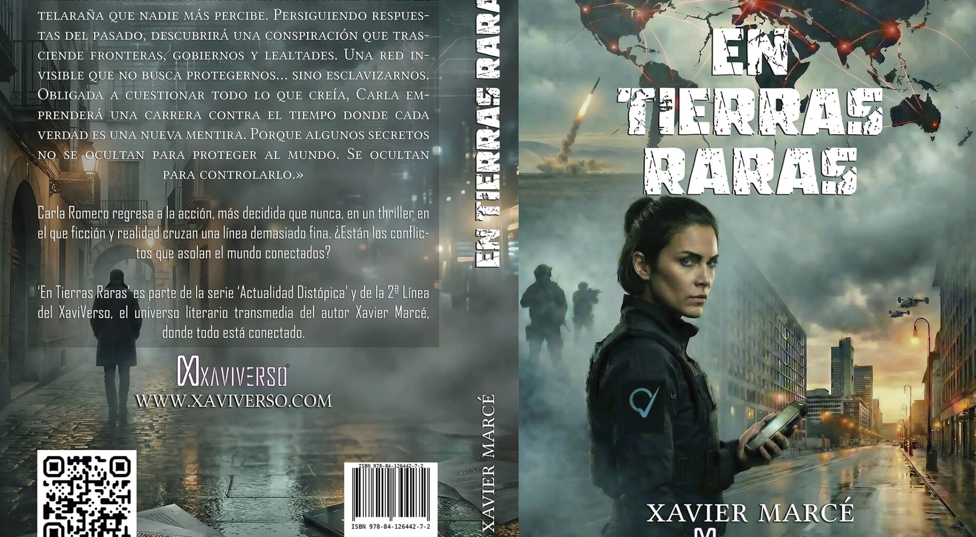 Diseño de cubierta con portada y contraportada de En Tierras Raras, un thriller y libro del escritor Xavier Marcé, que forma parte de la serie 'Actualidad Distópica' de la 2ª línea del XaviVerso.