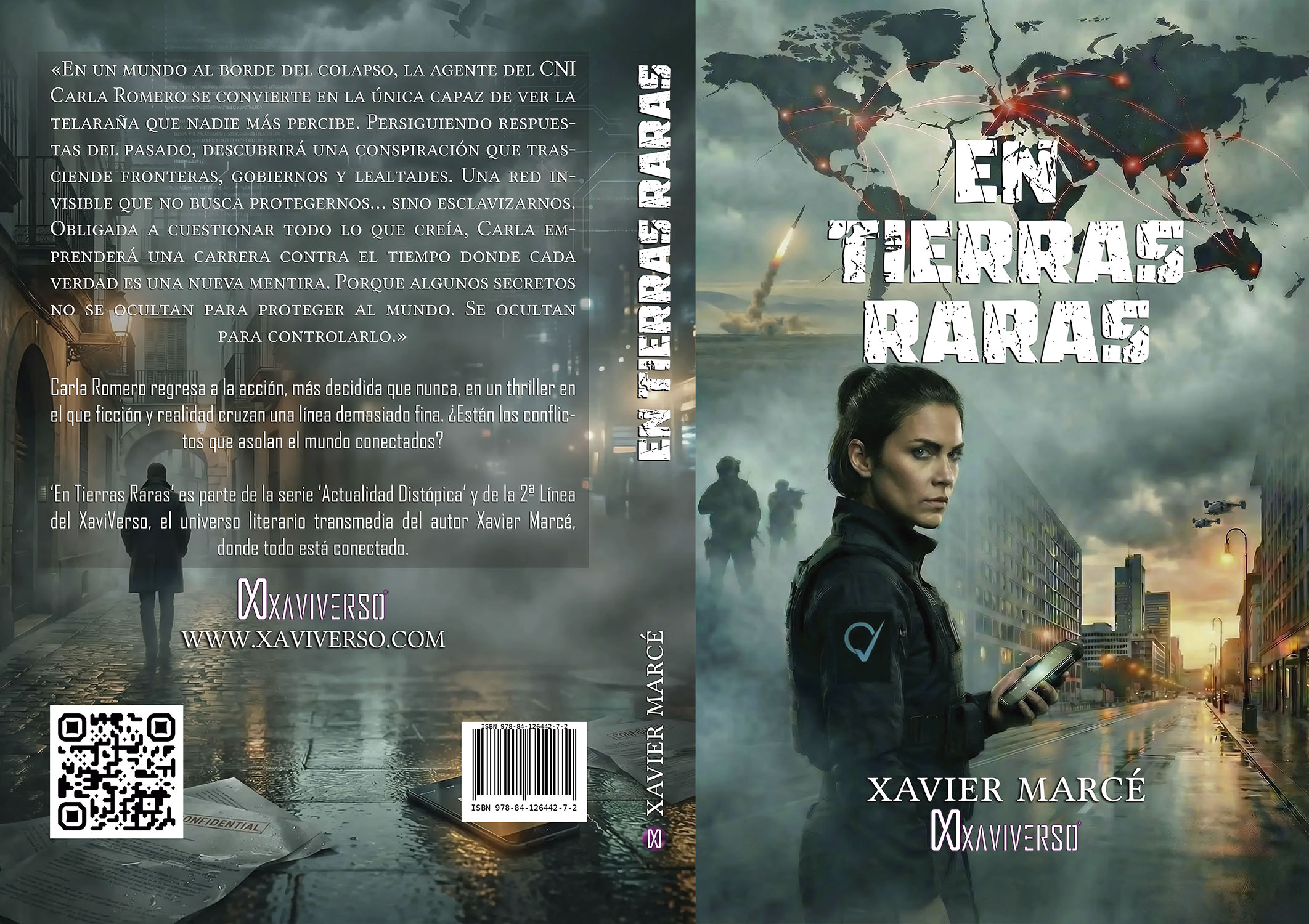 Diseño de cubierta con portada y contraportada de En Tierras Raras, un thriller y libro del escritor Xavier Marcé, que forma parte de la serie 'Actualidad Distópica' de la 2ª línea del XaviVerso.